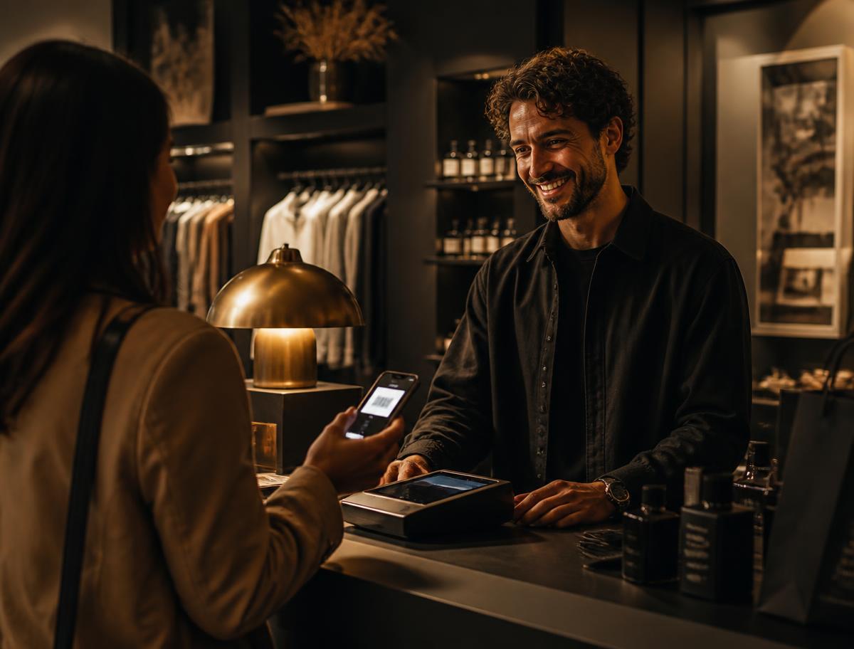 A shop owner verifying a customer's CBS membership card at the counter